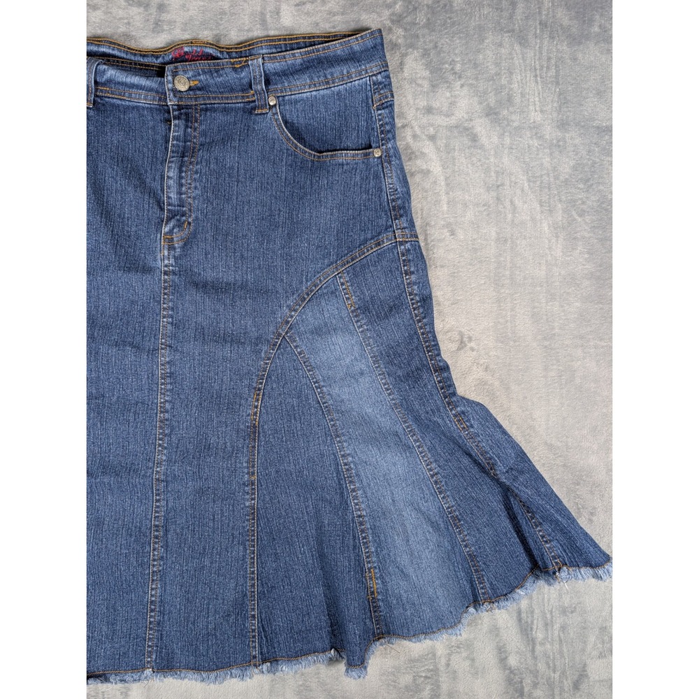 Goddess Jeans Size 18 Denim Midi Skirt Blue Frayed Hem Y2K Paneled Mermaid VTG - Picture 10 of 13